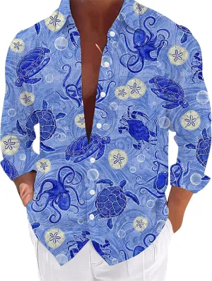 Men Beach Shirts Long Sleeve Button Down Havaiian Casual Summer Big and Tall Tees Fashion Tropical Cuban Graphic Shirt