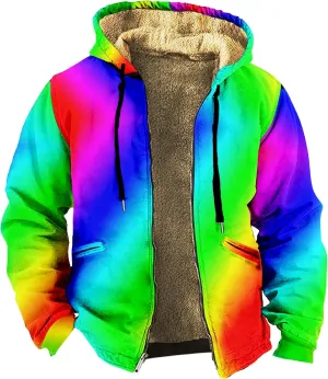 Men Coats Winter Long Sleeve Zipper Hoodies Sherpa Fleece Lined Vintage Print Jackets Fall Winter Coats