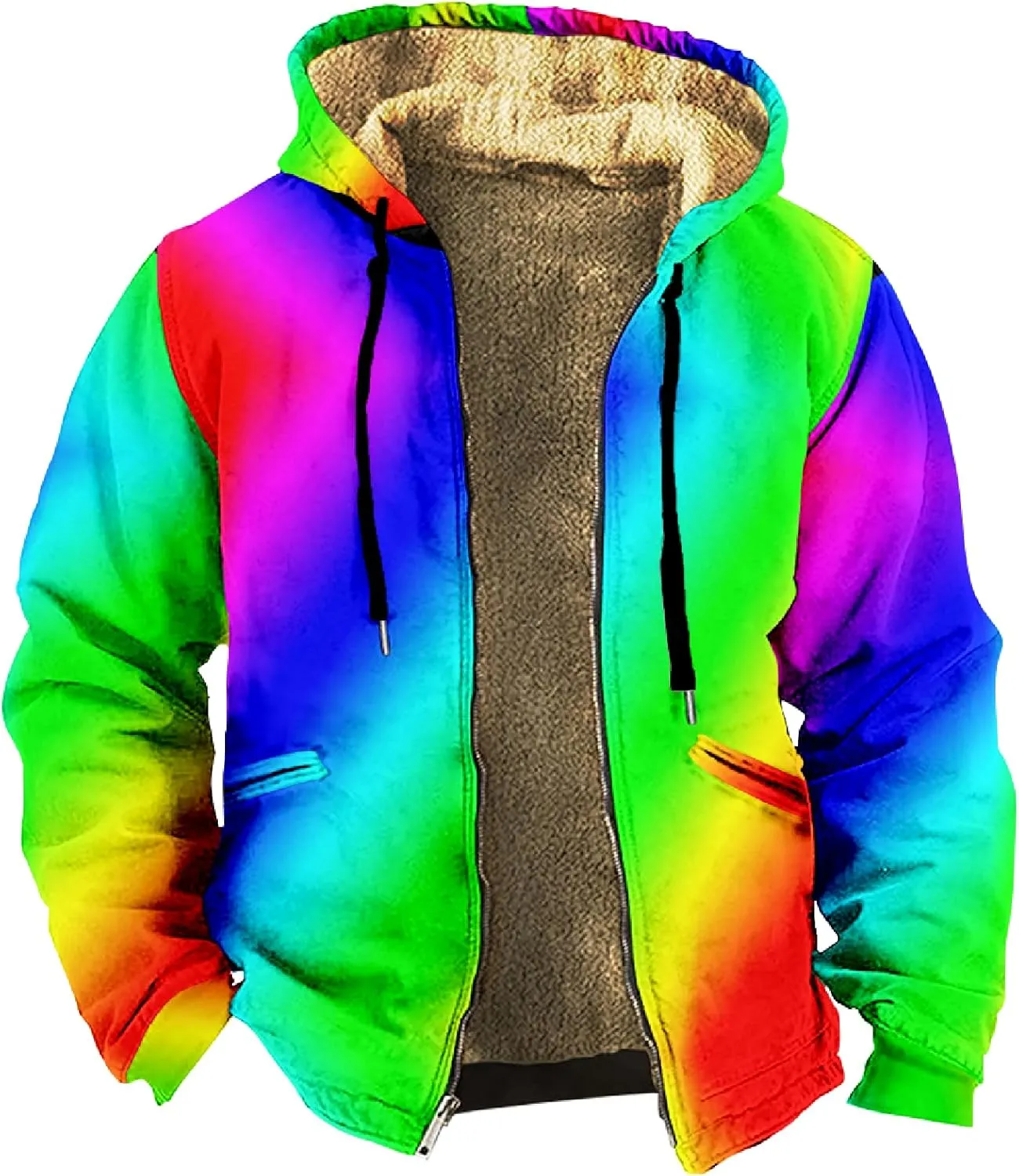 Men Coats Winter Long Sleeve Zipper Hoodies Sherpa Fleece Lined Vintage Print Jackets Fall Winter Coats