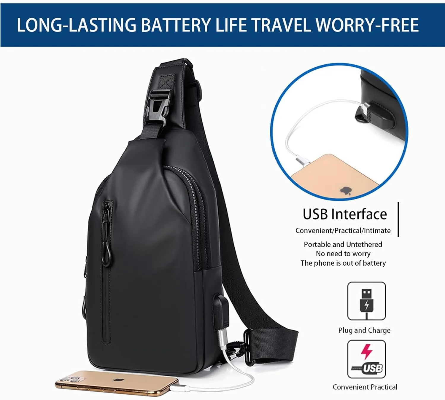 Men Crossbody Sling Backpack Multipurpose Daypack Lightweight Waterproof Casual Shoulder Chest Bag Backpack For Hiking Travel (Black)