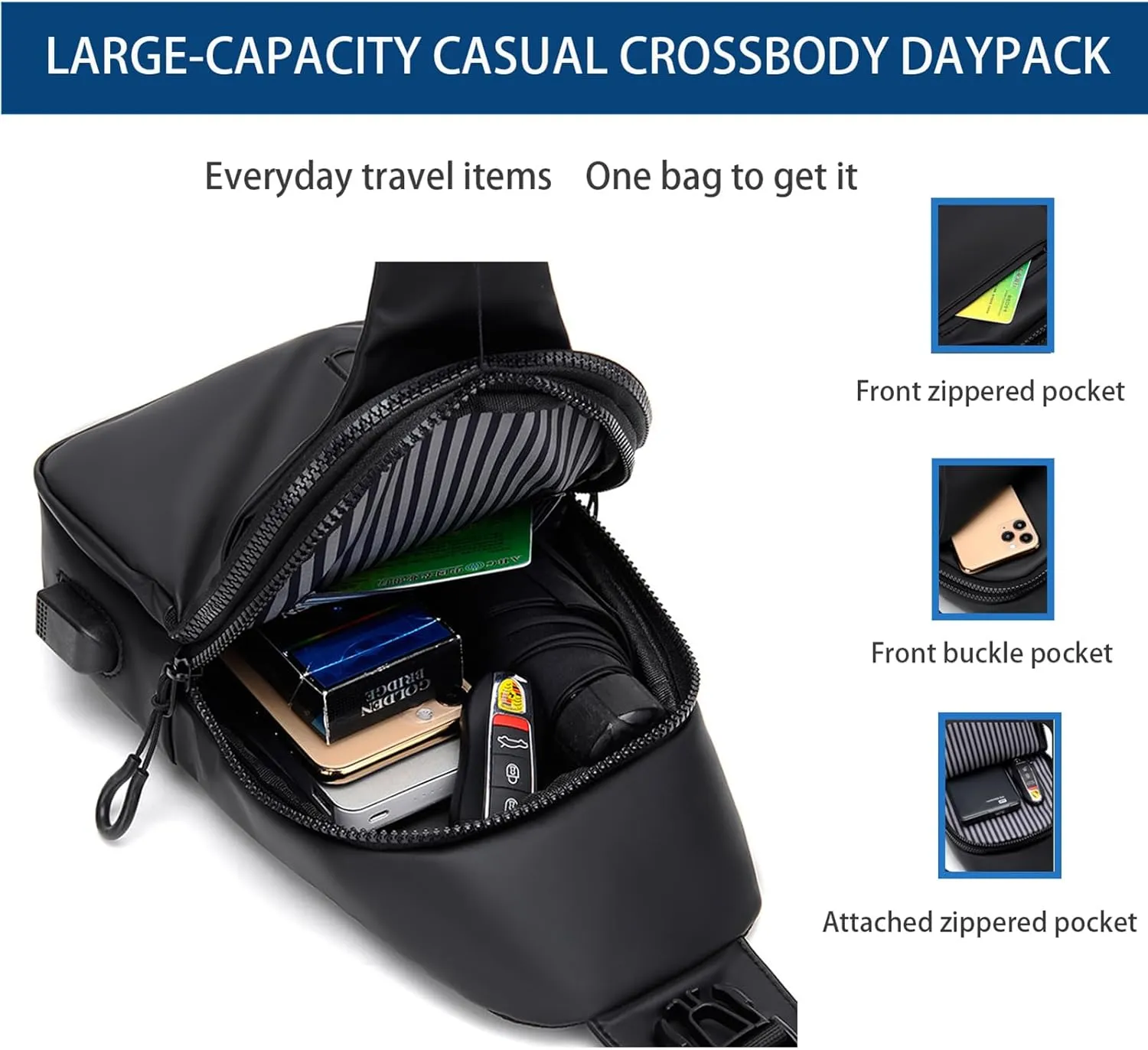 Men Crossbody Sling Backpack Multipurpose Daypack Lightweight Waterproof Casual Shoulder Chest Bag Backpack For Hiking Travel (Black)