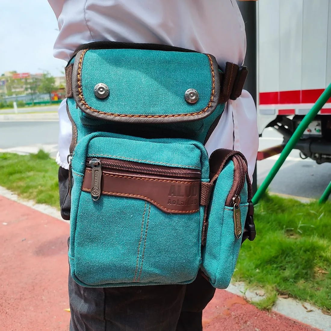 Men Waist Leg Bag Canvas Motorcycle Fanny Waist Pack One Shoulder Drop Leg Thigh Bag Hiking Traveling Fishing Waist Leg Bag Light Blue