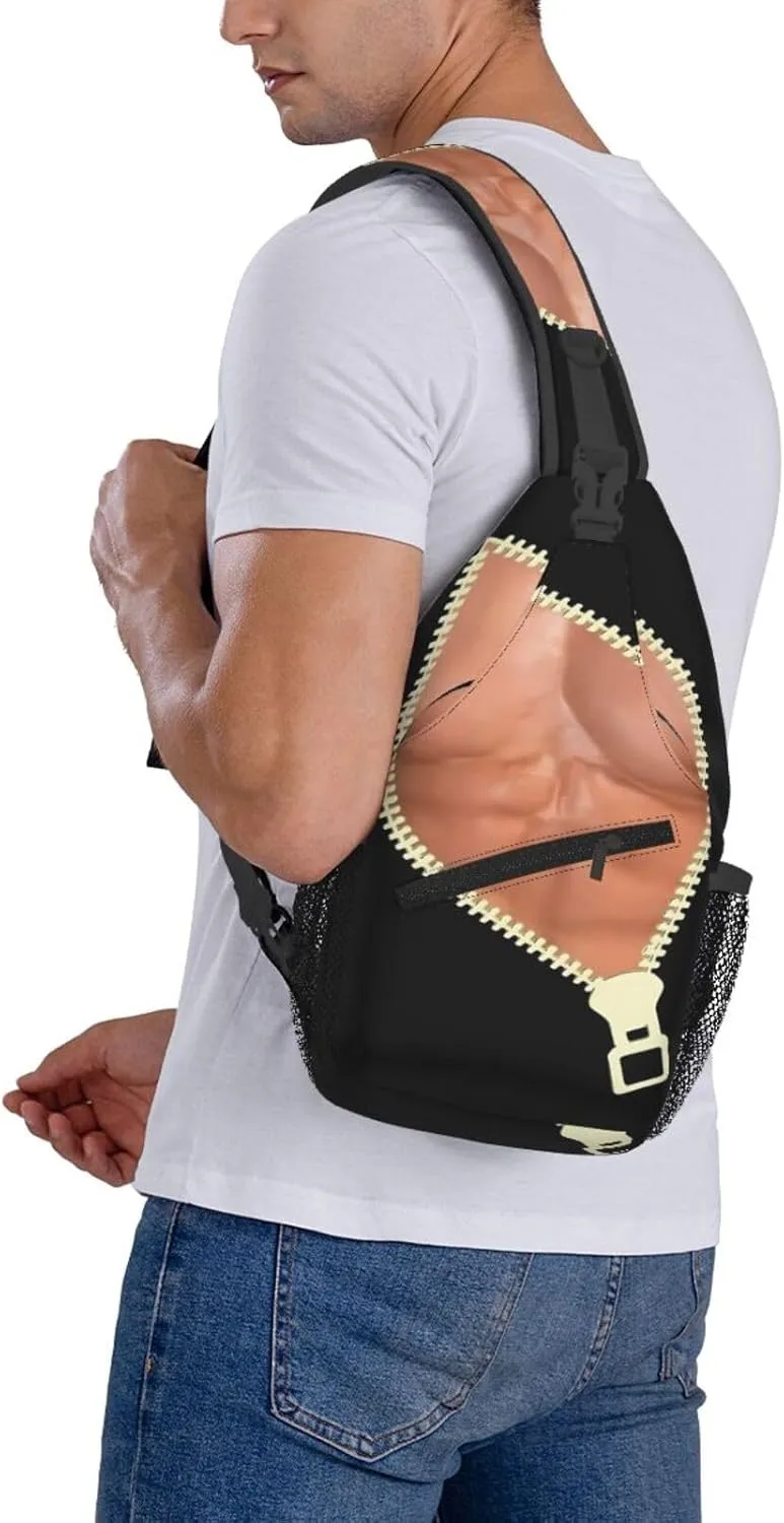 Men's Funny Muscle Print Six Pack Abs Zipper Crossbody Bag Cross Chest Bag Adjustable Sling Backpack Sports Gym Shoulder Bags Travel Cycling Daypack Diagonally Casual Rucksack
