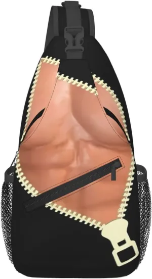 Men's Funny Muscle Print Six Pack Abs Zipper Crossbody Bag Cross Chest Bag Adjustable Sling Backpack Sports Gym Shoulder Bags Travel Cycling Daypack Diagonally Casual Rucksack