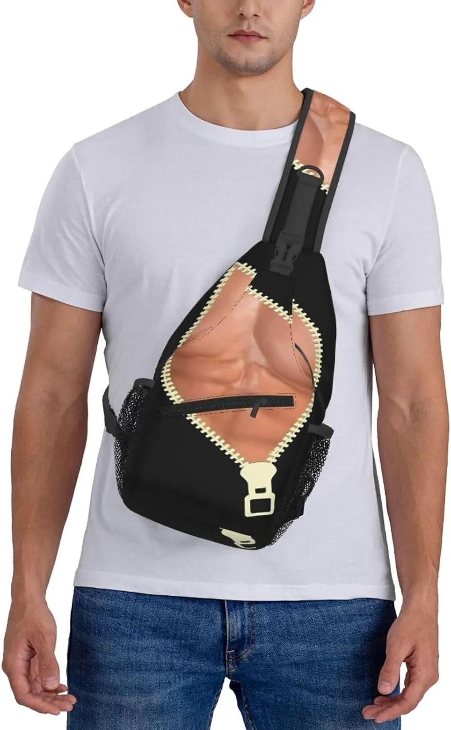 Men's Funny Muscle Print Six Pack Abs Zipper Crossbody Bag Cross Chest Bag Adjustable Sling Backpack Sports Gym Shoulder Bags Travel Cycling Daypack Diagonally Casual Rucksack