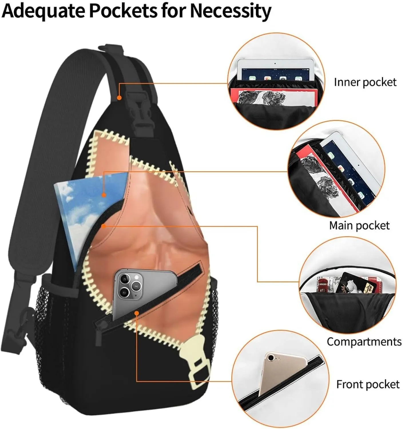 Men's Funny Muscle Print Six Pack Abs Zipper Crossbody Bag Cross Chest Bag Adjustable Sling Backpack Sports Gym Shoulder Bags Travel Cycling Daypack Diagonally Casual Rucksack