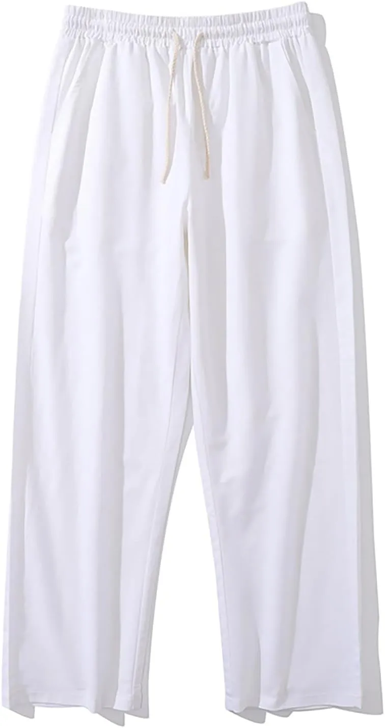 Mens Lounge Pants Cotton Linen Classic Solid Color Relaxed Straight Leg Casual Pants Wide-Legged Workout Pants