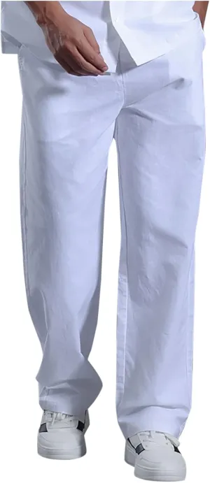 Mens Lounge Pants Cotton Linen Classic Solid Color Relaxed Straight Leg Casual Pants Wide-Legged Workout Pants