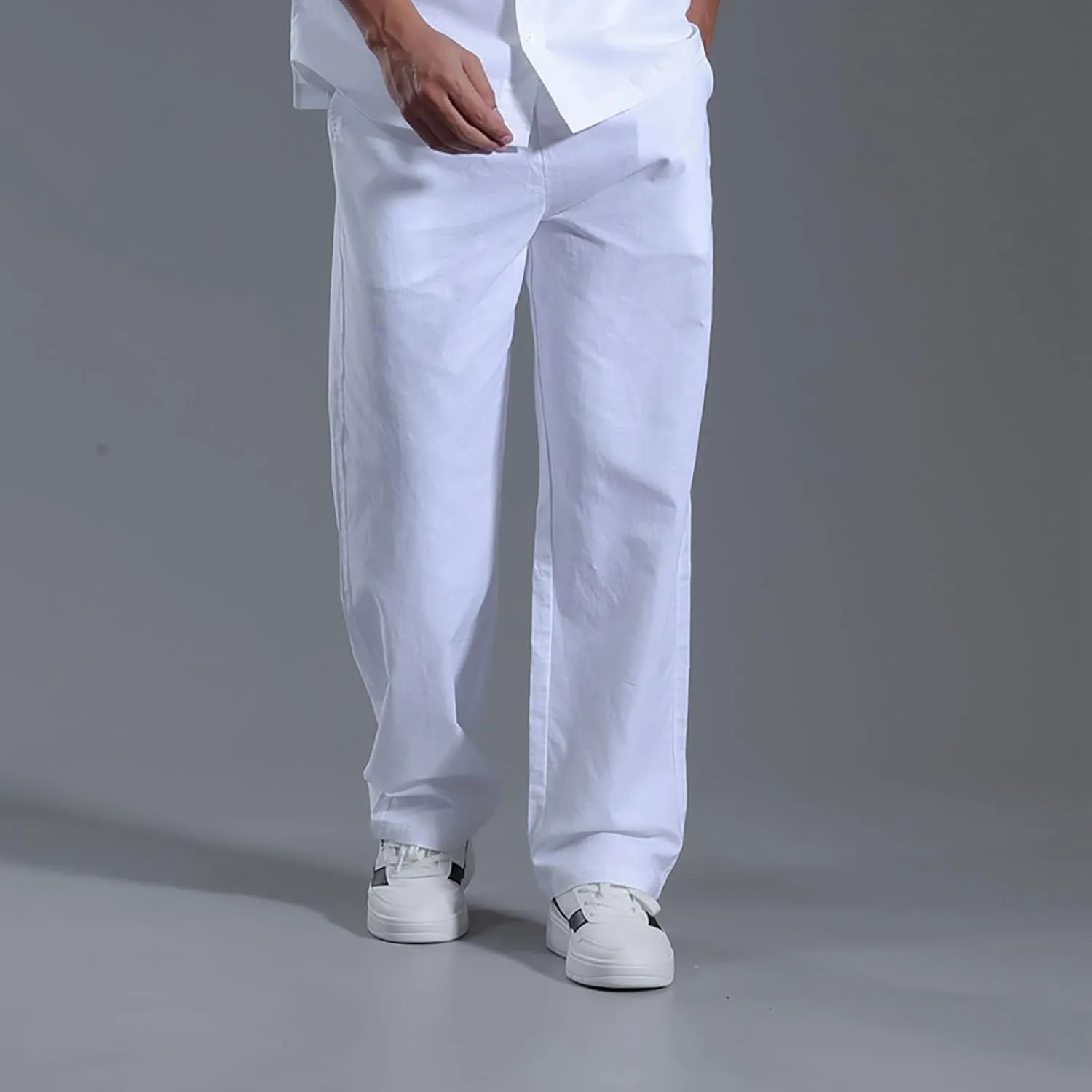 Mens Lounge Pants Cotton Linen Classic Solid Color Relaxed Straight Leg Casual Pants Wide-Legged Workout Pants