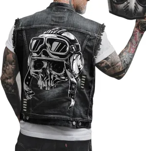 Men's New Denim Vest - Casual Printed Embroidered Biker Vest, Black, Size L