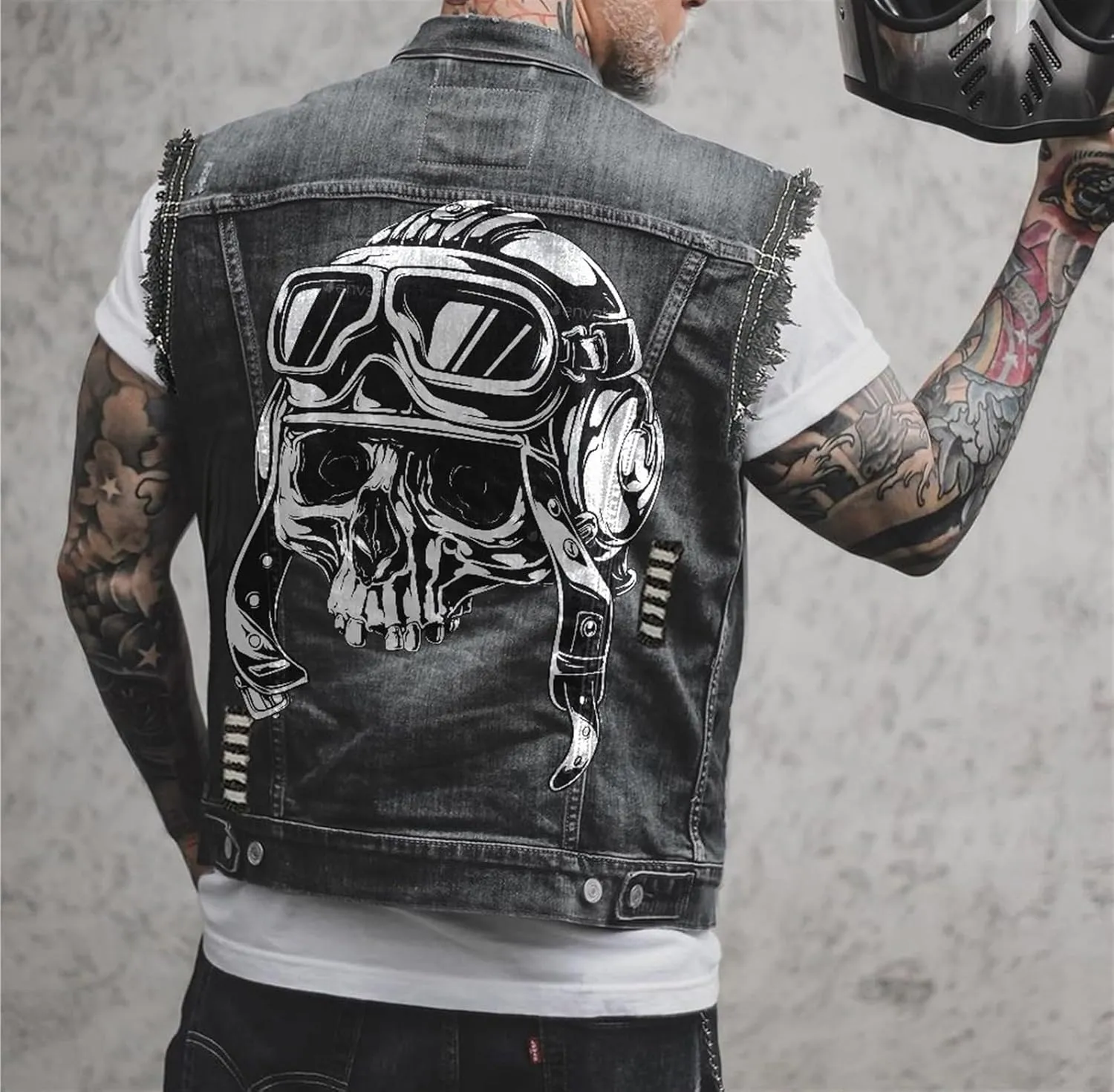 Men's New Denim Vest - Casual Printed Embroidered Biker Vest, Black, Size L