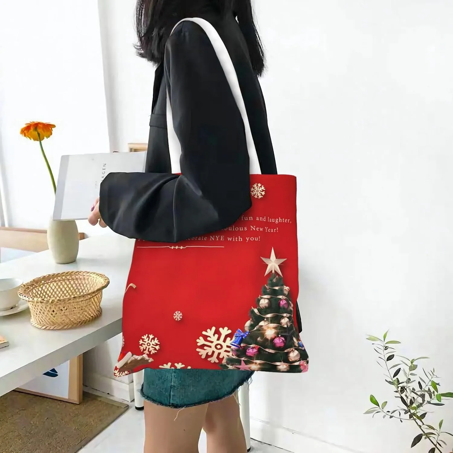 Merry Christmas Tree Snowflake Canvas Tote Bag for Women Reusable Grocery Shoulder Bags Shopping Handbags