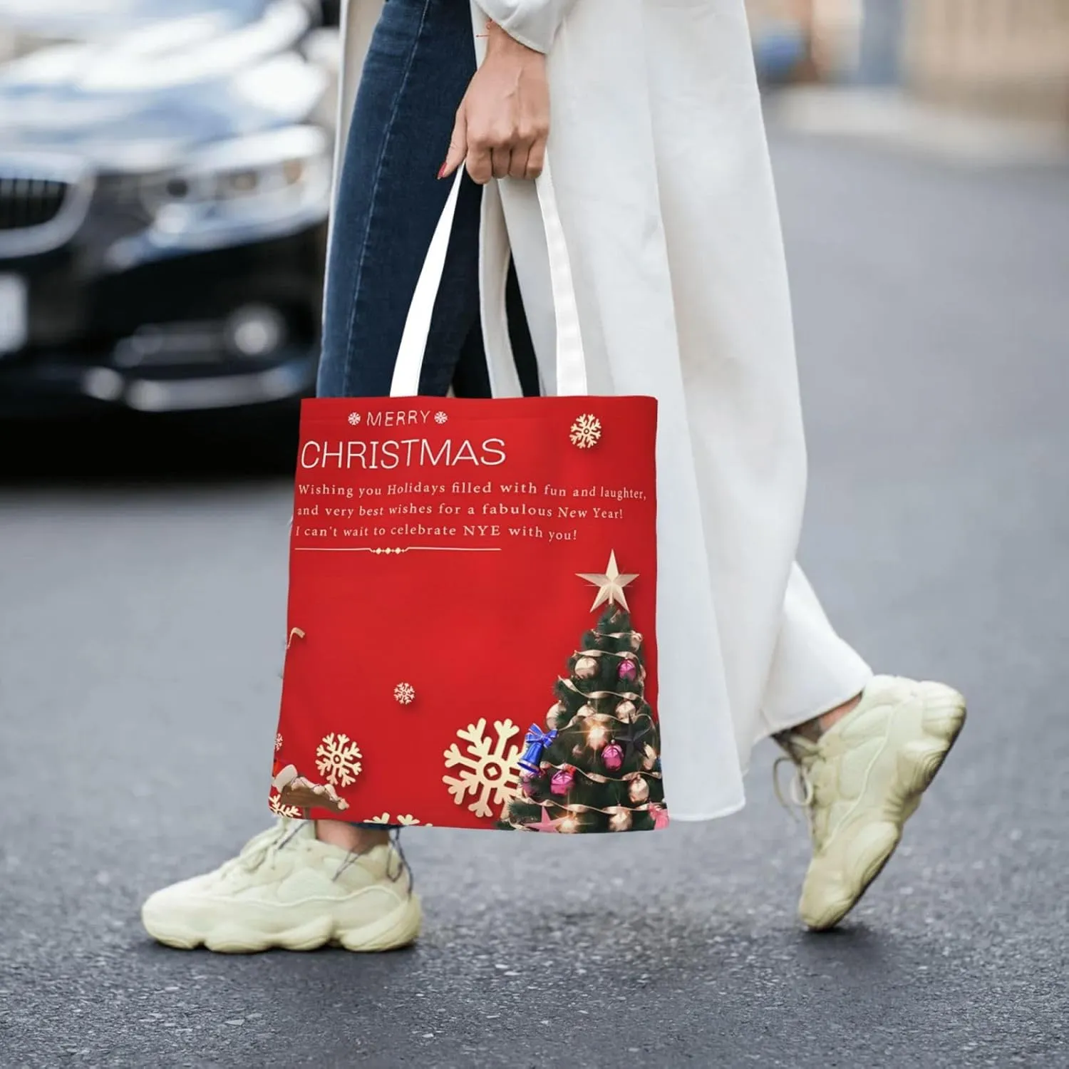 Merry Christmas Tree Snowflake Canvas Tote Bag for Women Reusable Grocery Shoulder Bags Shopping Handbags