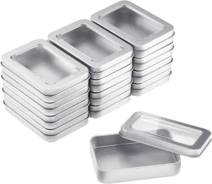Metal Tin Box Metal Tins With Lids Clear Top Tins Box Empty Storage Tins Case Rectangle Containers Can with Large Clear Window for Candles, Candies, Gifts, Balms and Treasures, Silver(24 Pieces)