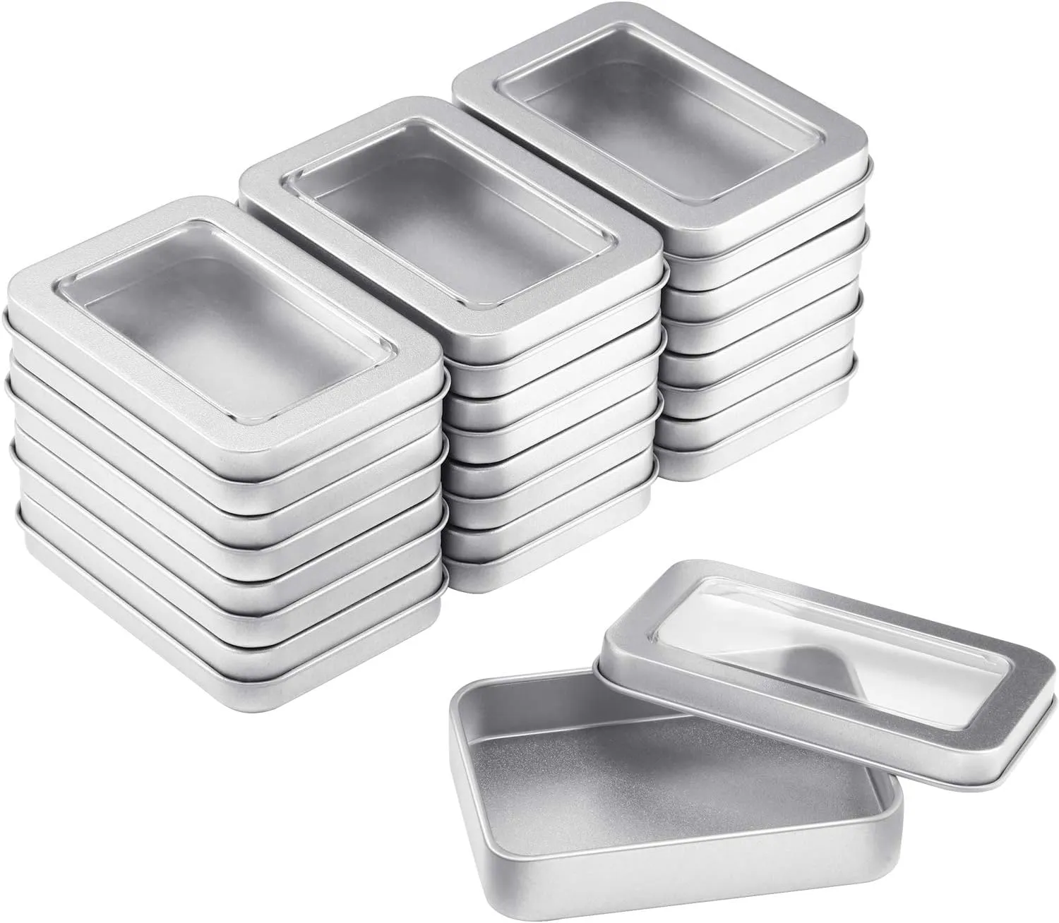 Metal Tin Box Metal Tins With Lids Clear Top Tins Box Empty Storage Tins Case Rectangle Containers Can with Large Clear Window for Candles, Candies, Gifts, Balms and Treasures, Silver(24 Pieces)