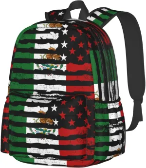 Mexican American Pride Usa Flag Mexico Roots Laptop Commuter Backpack Shoulder Bag Casual Back Pack Daypack Bags With Side Pockets For Work Travel Daily Use
