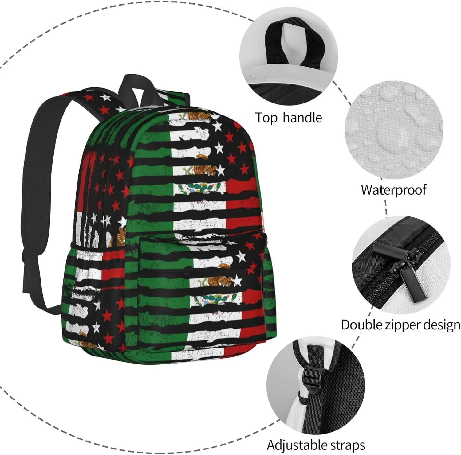 Mexican American Pride Usa Flag Mexico Roots Laptop Commuter Backpack Shoulder Bag Casual Back Pack Daypack Bags With Side Pockets For Work Travel Daily Use