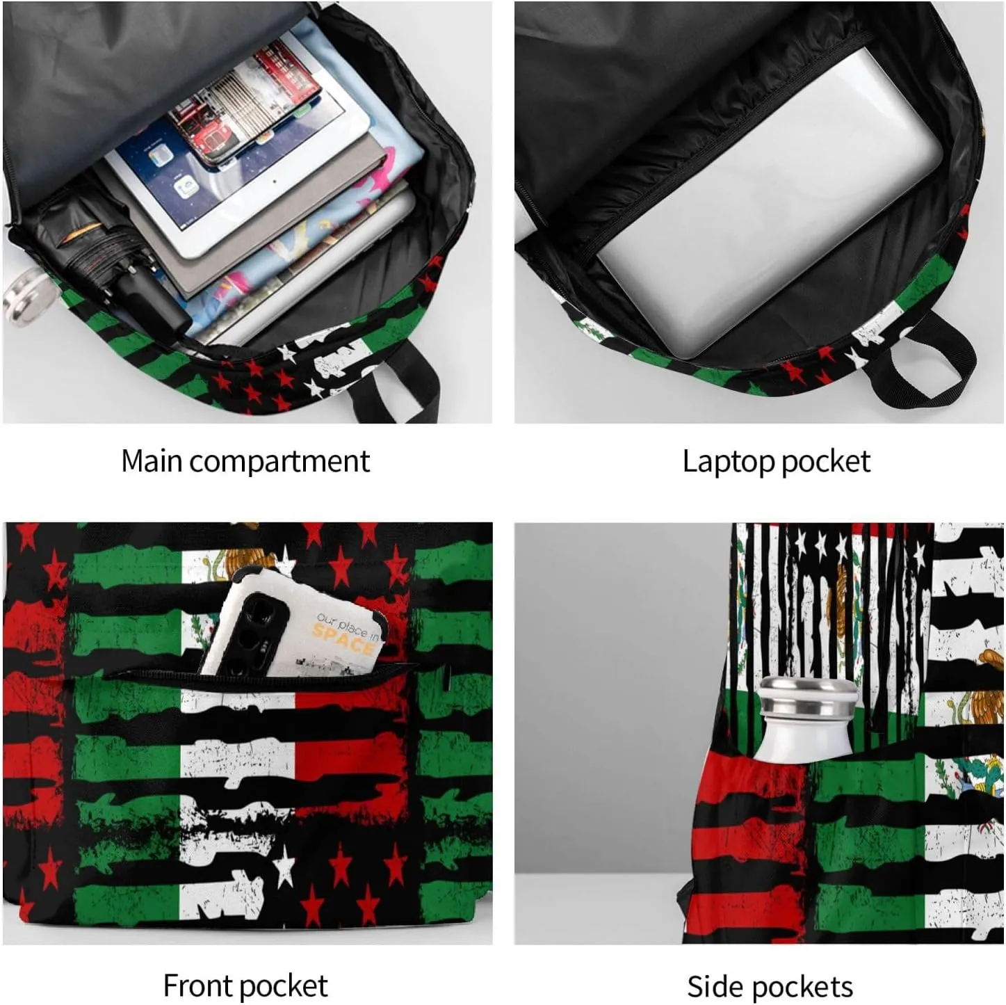 Mexican American Pride Usa Flag Mexico Roots Laptop Commuter Backpack Shoulder Bag Casual Back Pack Daypack Bags With Side Pockets For Work Travel Daily Use