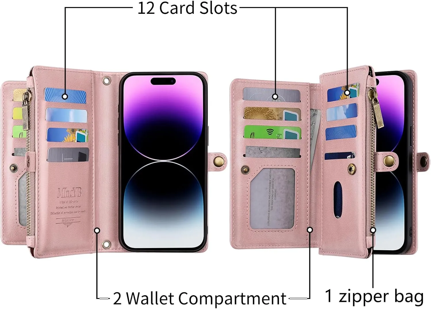 MInCYB for iPhone 14 Pro Wallet Case with Card Holder (12 Card Slots) - PU Leather Case for Women & Men, Wireless Charging, Detachable Magnetic, Crossbody Strap, Shockproof Protective Phone Cover.