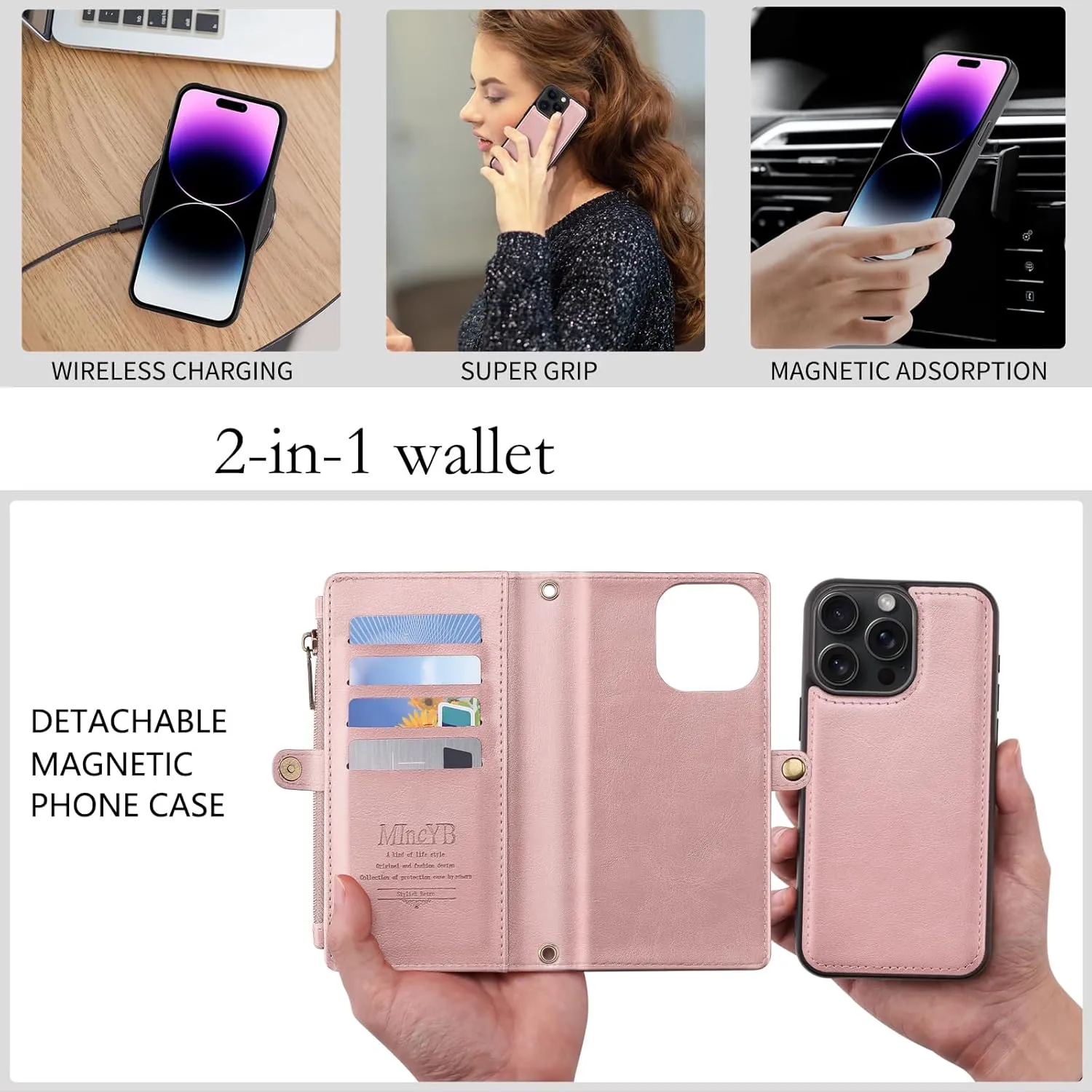 MInCYB for iPhone 14 Pro Wallet Case with Card Holder (12 Card Slots) - PU Leather Case for Women & Men, Wireless Charging, Detachable Magnetic, Crossbody Strap, Shockproof Protective Phone Cover.