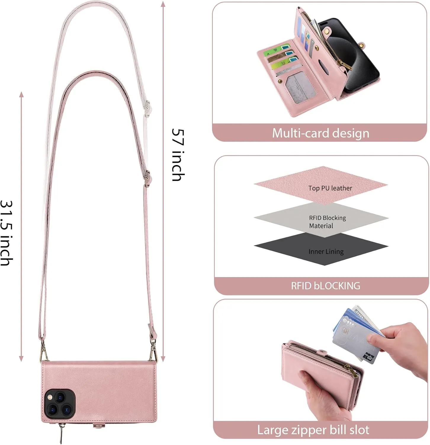 MInCYB for iPhone 14 Pro Wallet Case with Card Holder (12 Card Slots) - PU Leather Case for Women & Men, Wireless Charging, Detachable Magnetic, Crossbody Strap, Shockproof Protective Phone Cover.
