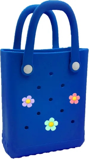 Mini Rubber Tote Bag, 6.5x8.0x3.1 inches, Small Waterproof Beach Bag with Random Charms for Girls (Bule)