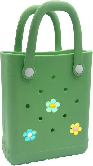 Mini Rubber Tote Bag, 6.5x8.0x3.1 inches, Small Waterproof Beach Bag with Random Charms for Girls (Green)