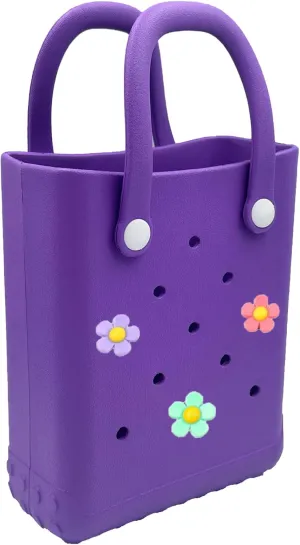 Mini Rubber Tote Bag, 6.5x8.0x3.1 inches, Small Waterproof Beach Bag with Random Charms for Girls (Purple)