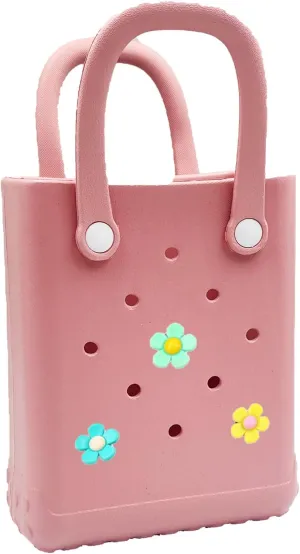 Mini Rubber Tote Bag, 6.5x8.0x3.1 inches,Waterproof Beach Bag with Random Charms, Small Beach Tote for Girls, Pink