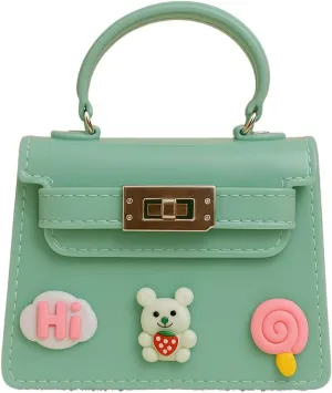Mint Green Kids Handbag – Glossy Mini Purse with Bear, ‘Hi’ Cloud & Lollipop Embellishments