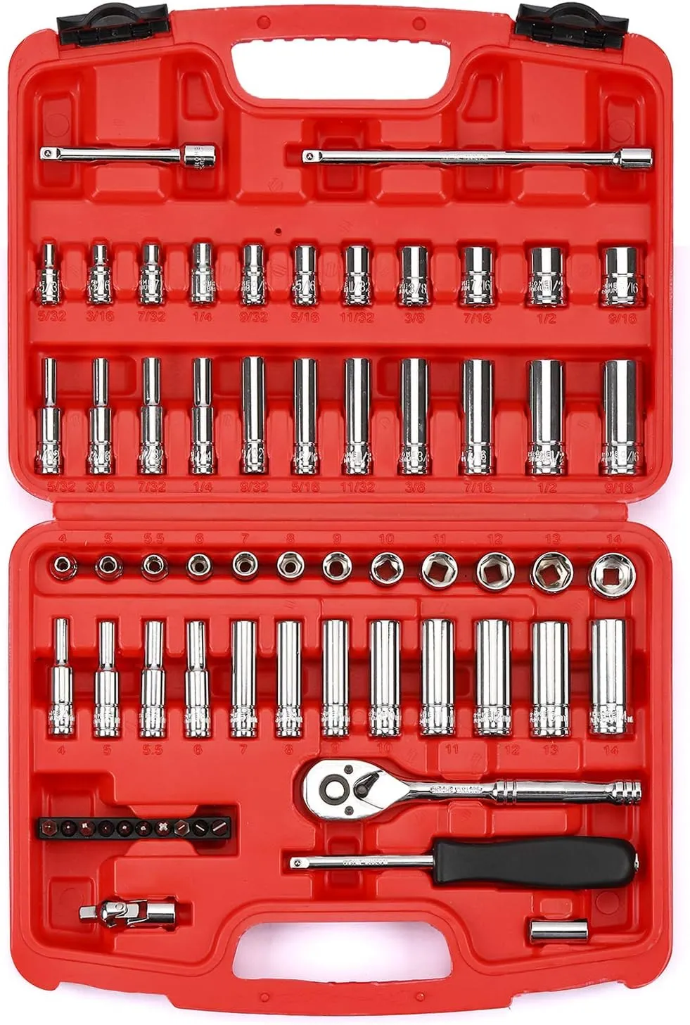 MIXPOWER 62-Piece 1/4-Inch Dr. Master Socket Set with Ratchets,Universal Joint, Extensions with 1/4'' Dr. Bits Set, SAE/Metric 6-Point 5/32-Inch - 9/16-Inch, 4 mm - 14 mm, CR-V Socket