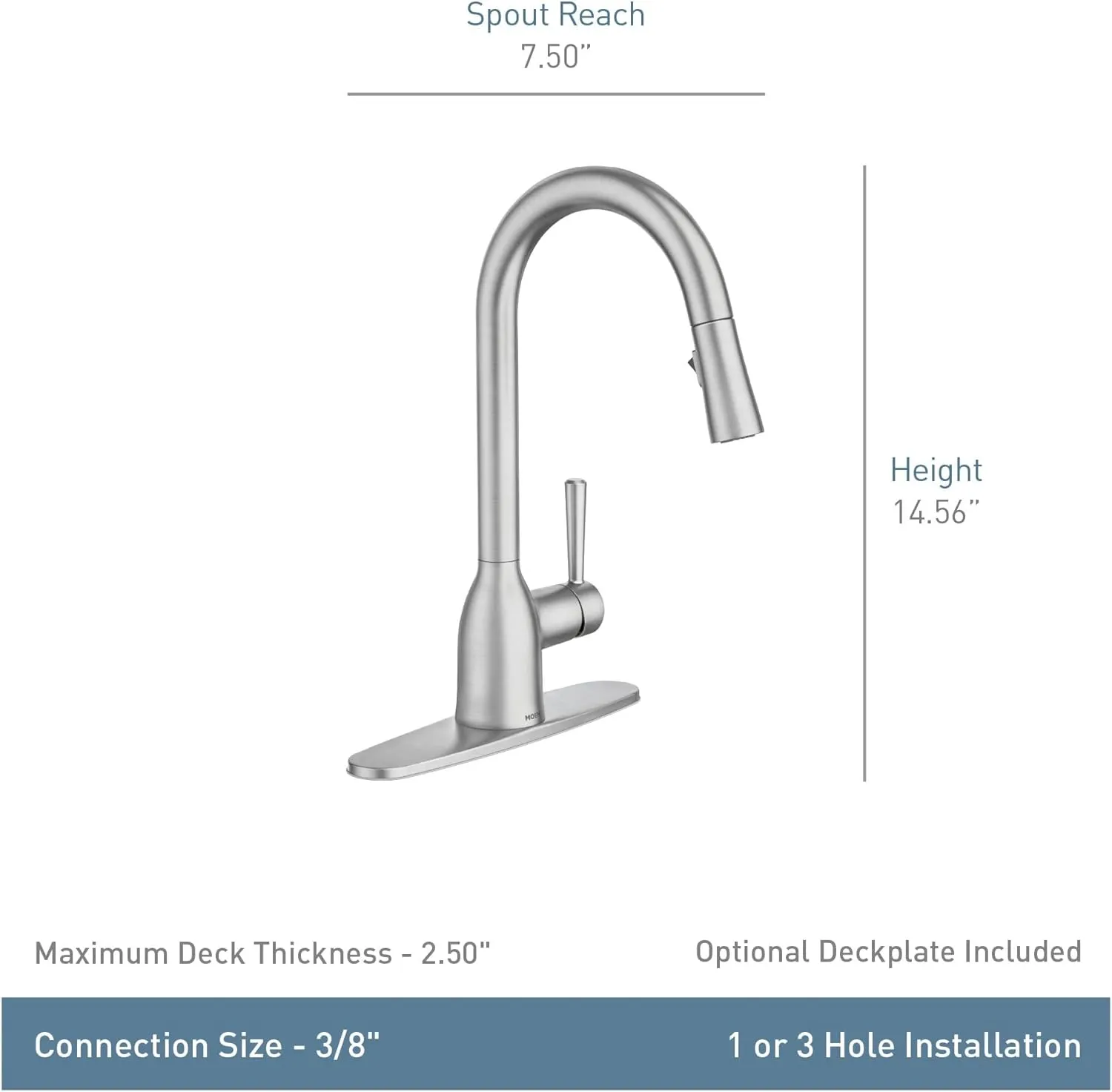 Moen 87233SRS Adler One-Handle High Arc Pulldown Kitchen Faucet with Power Clean, 24.7" L x 12.3" W x 14.6" H, Spot Resist Stainless