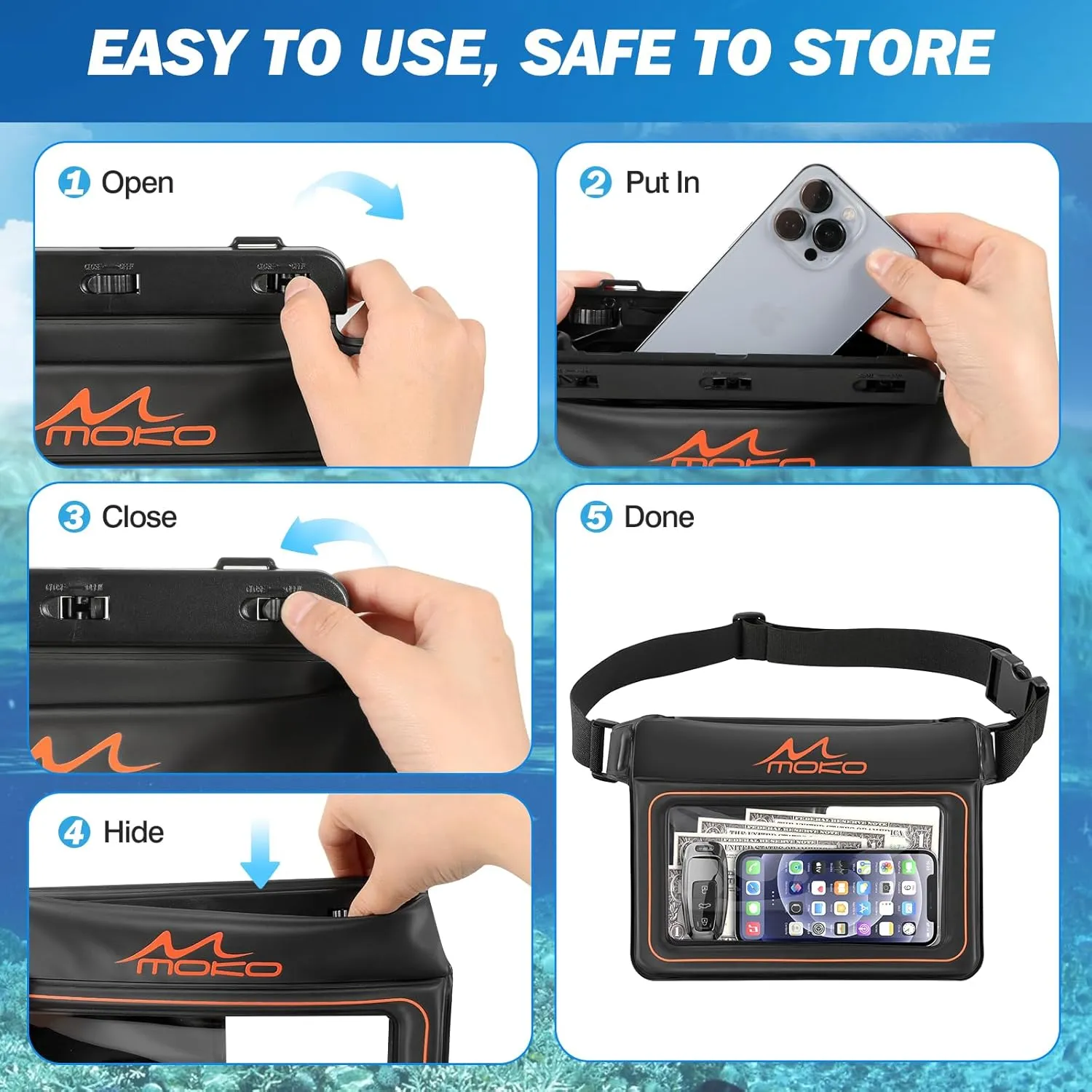 MoKo Waterproof Phone Pouch Pack, Floating Large Capacity Dry Bag for Kayaking Snorkeling Swimming, Compatible with iPhone 15 14 13 12 11 Pro Max X/Xr/Xs Max, Galaxy S23 Ultra/Note 20 Ultra, Black