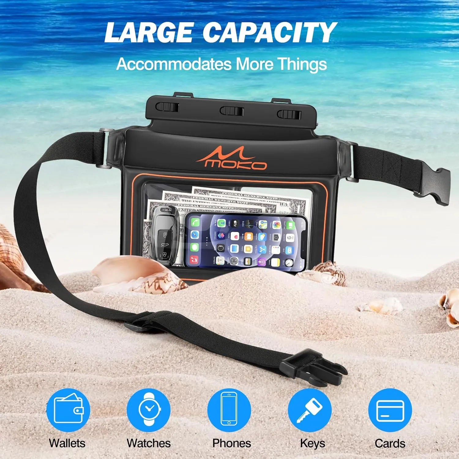 MoKo Waterproof Phone Pouch Pack, Floating Large Capacity Dry Bag for Kayaking Snorkeling Swimming, Compatible with iPhone 15 14 13 12 11 Pro Max X/Xr/Xs Max, Galaxy S23 Ultra/Note 20 Ultra, Black