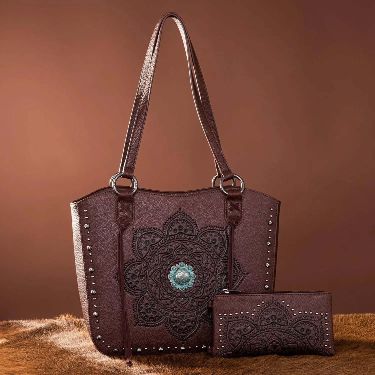 Montana West Western Tooling Tote Bag with Wallet Set for Women Vintage Studded Top Handle Shoulder Handbag