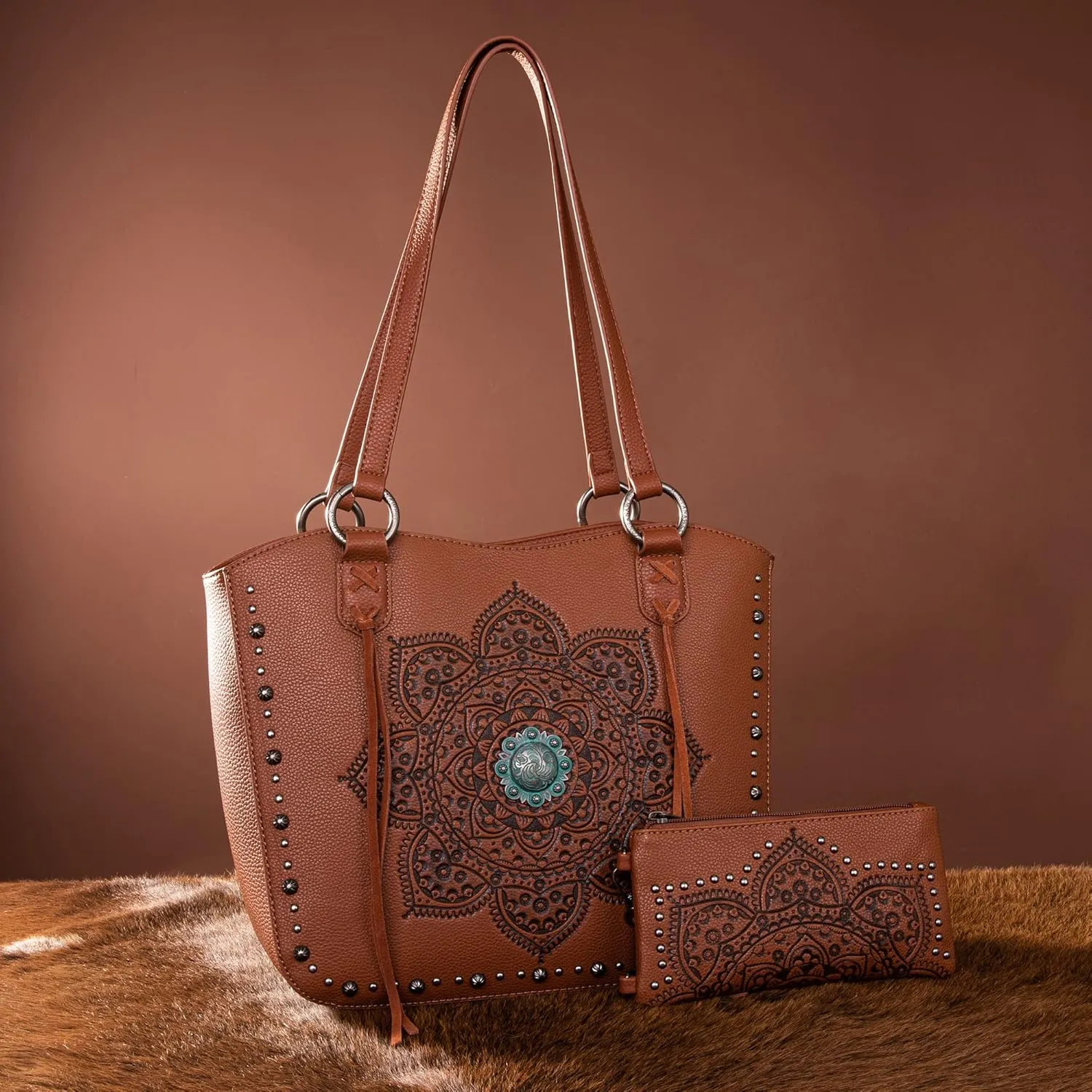 Montana West Western Tooling Tote Bag with Wallet Set for Women Vintage Studded Top Handle Shoulder Handbag