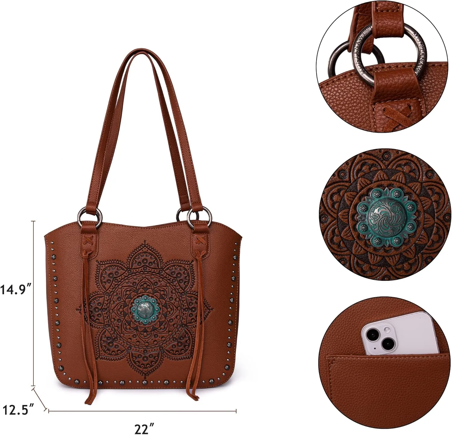 Montana West Western Tooling Tote Bag with Wallet Set for Women Vintage Studded Top Handle Shoulder Handbag