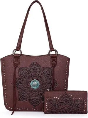 Montana West Western Tooling Tote Bag with Wallet Set for Women Vintage Studded Top Handle Shoulder Handbag
