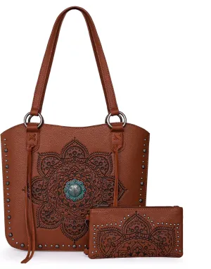 Montana West Western Tooling Tote Bag with Wallet Set for Women Vintage Studded Top Handle Shoulder Handbag
