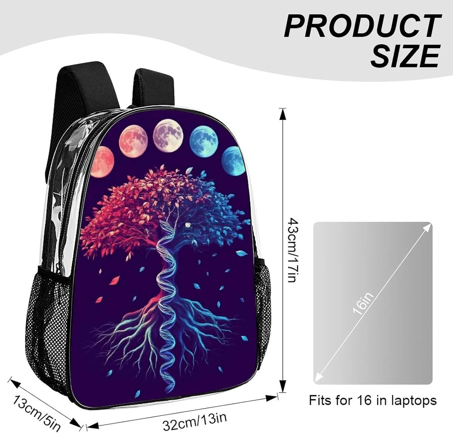 Moon Phase Dna Tree Art Daypack Lightweight Multipurpose Anti-Theft Shoulder Bag Large Capacity Laptop Book Bag Rucksack Transparent Bag
