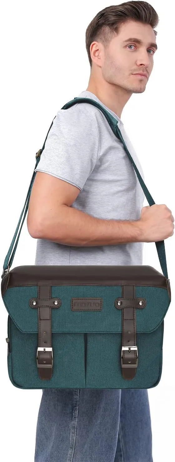 MOSISO Camera Case Crossbody Shoulder Messenger Bag, DSLR/SLR/Mirrorless Photography Vintage PU Leather Flap Gadget Bag with Rain Cover Compatible with Canon/Nikon/Sony Camera and Lens, Teal Green