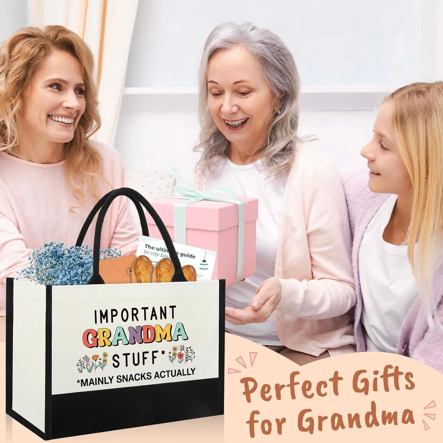 Mothers Day Birthday Gifts for Grandma, Tote Bag Gifts Idea for New First Time Grandma Gigi Nana from Grandkids, First Time Best Grandmother Shopping Grocery Bag