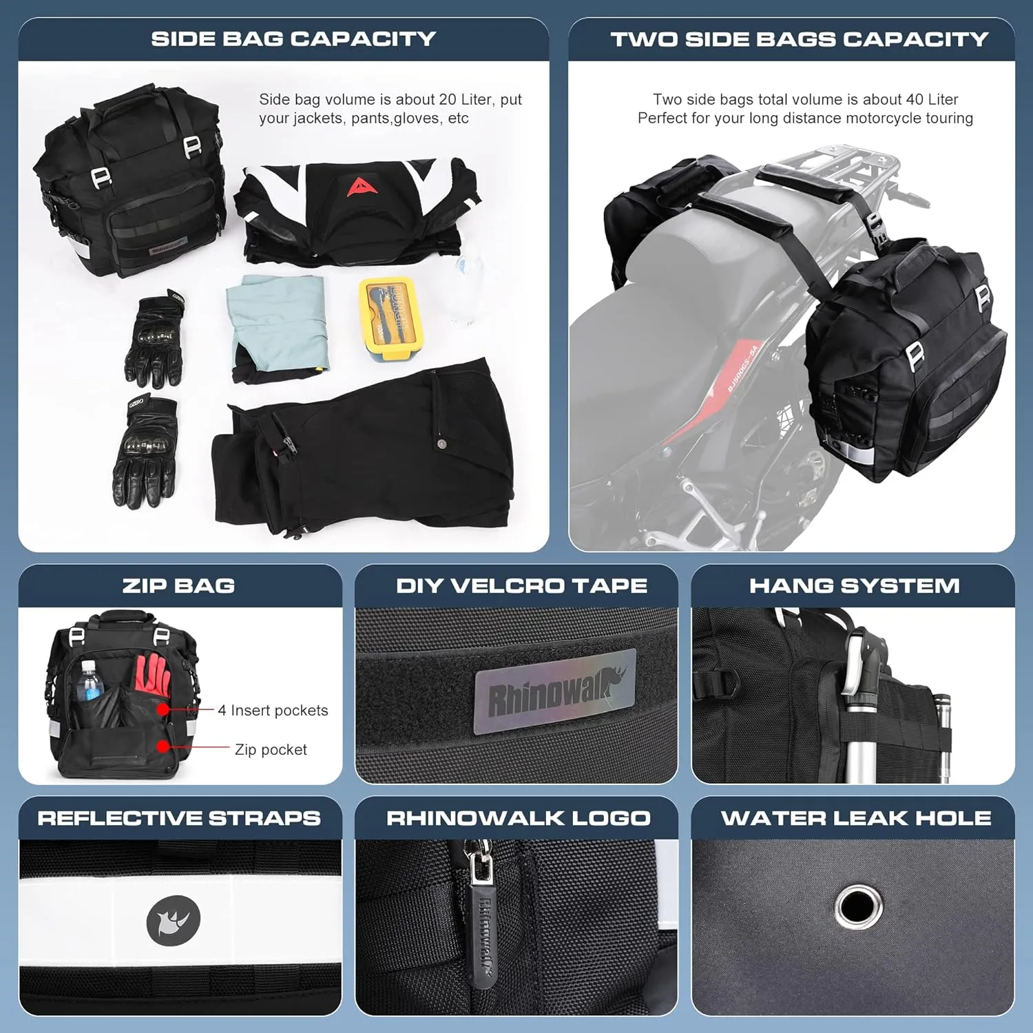 Motorcycle Saddlebags Waterproof 20-25L Motorcycle Side bag Quick Release Motorbike Hanging Bags Motorbike Accessories Black,1 pack
