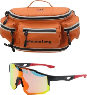 Motorcycle Waist Bag Fanny Pack and Cycling Glasses For Men Women Hip Bum Bag with Multi-Pockets Large Capacity Casual Bum Bag for Cycling Hiking Running, Orange