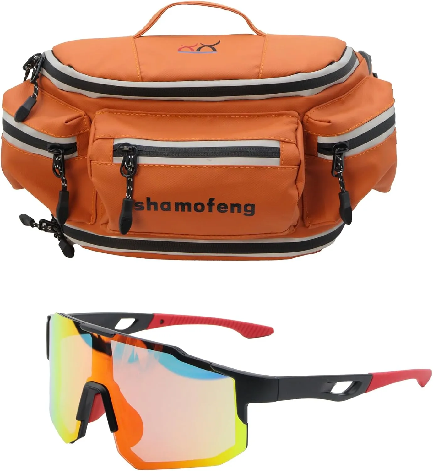 Motorcycle Waist Bag Fanny Pack and Cycling Glasses For Men Women Hip Bum Bag with Multi-Pockets Large Capacity Casual Bum Bag for Cycling Hiking Running, Orange