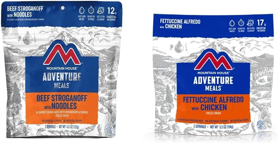 Mountain House Beef Stroganoff with Noodles (2 Servings) and Mountain House Fettuccine Alfredo with Chicken (2 Servings) | Freeze Dried Backpacking & Camping Food