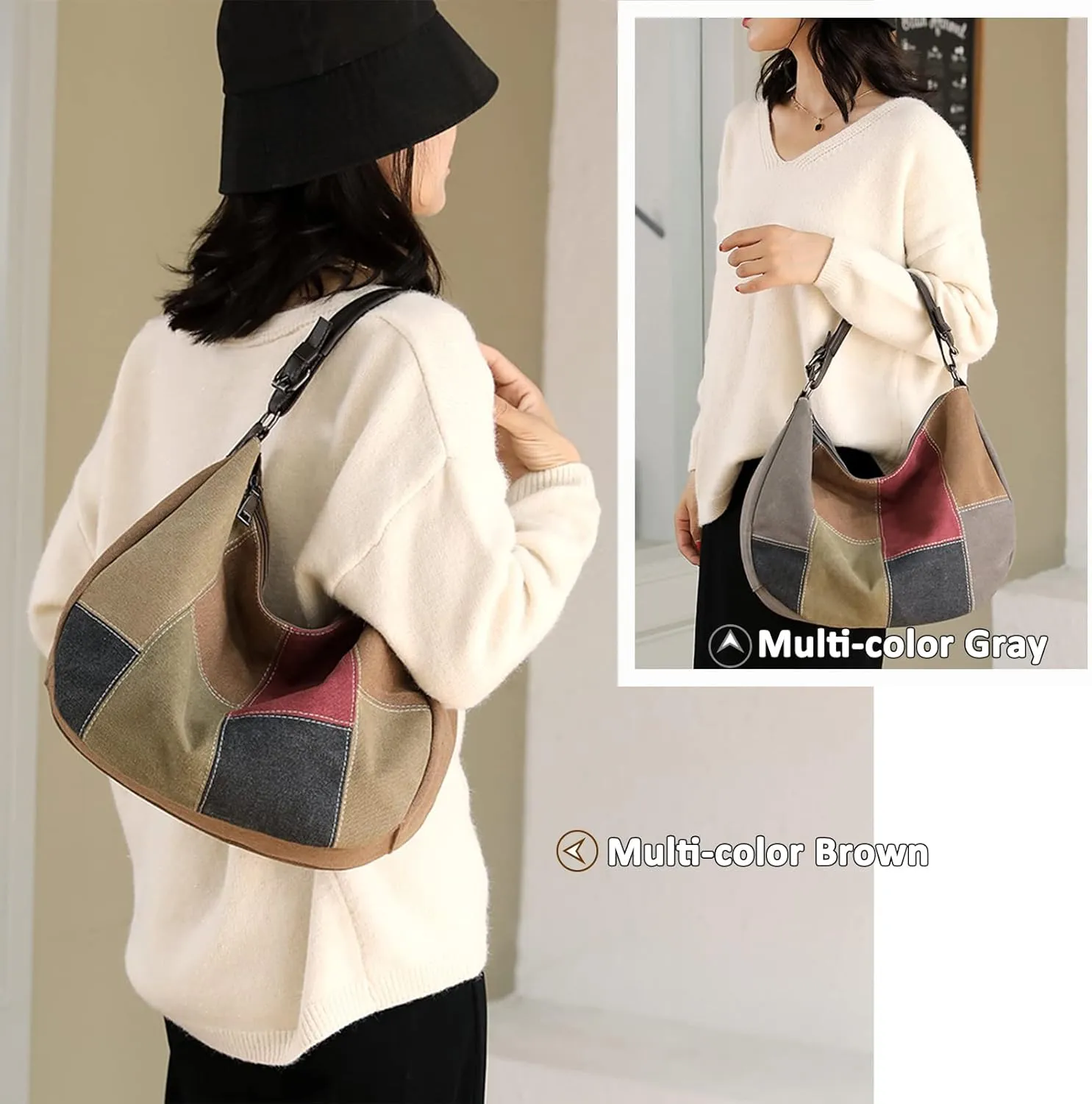 Multi-Color Casual Womens Shoulder Tote Bag Canvas Hobo Handbags Crossbody Color Block Purse