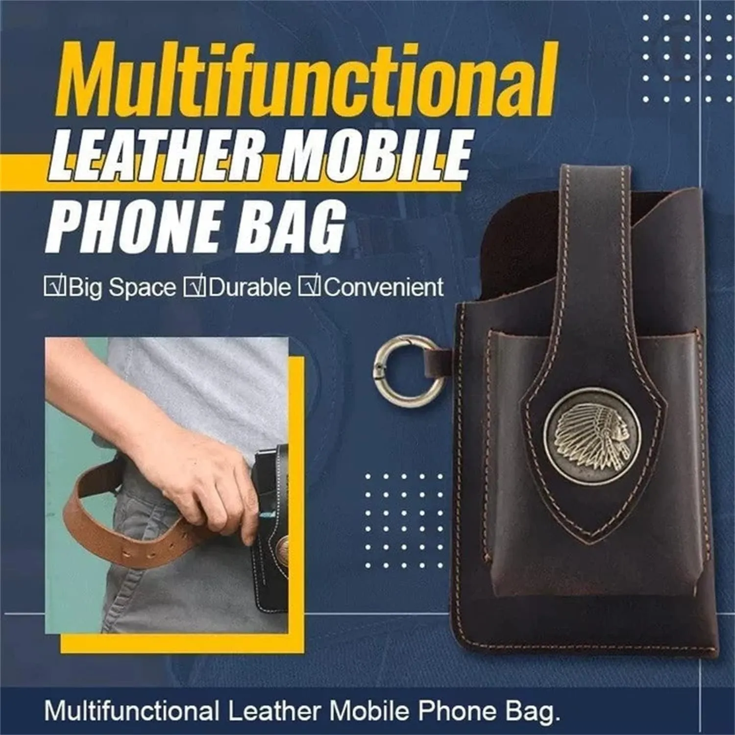 Multifunctional Leather Mobile Phone Bag, Large Capacity Men's Cell Phone Waist Bag, Casual Belt Bag Phone Pouches with Belt Loop, Belt Phone Pouches Holder for Most Phones (Black)