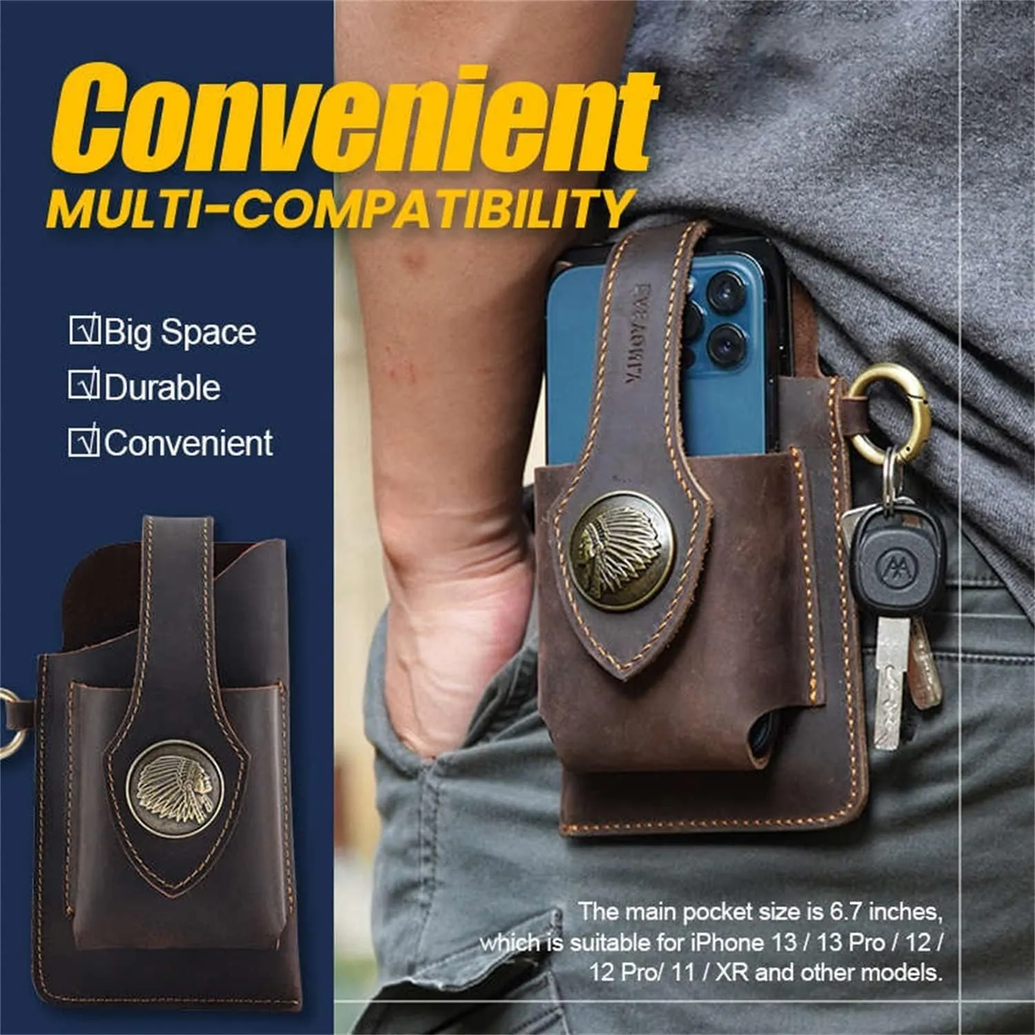Multifunctional Leather Mobile Phone Bag, Large Capacity Men's Cell Phone Waist Bag, Casual Belt Bag Phone Pouches with Belt Loop, Belt Phone Pouches Holder for Most Phones (Black)