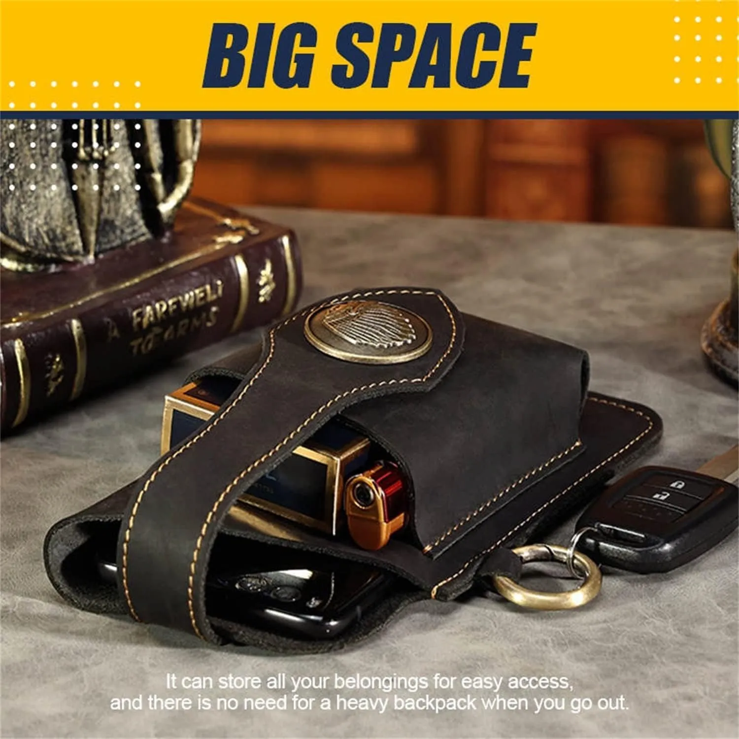 Multifunctional Leather Mobile Phone Bag, Large Capacity Men's Cell Phone Waist Bag, Casual Belt Bag Phone Pouches with Belt Loop, Belt Phone Pouches Holder for Most Phones (Black)